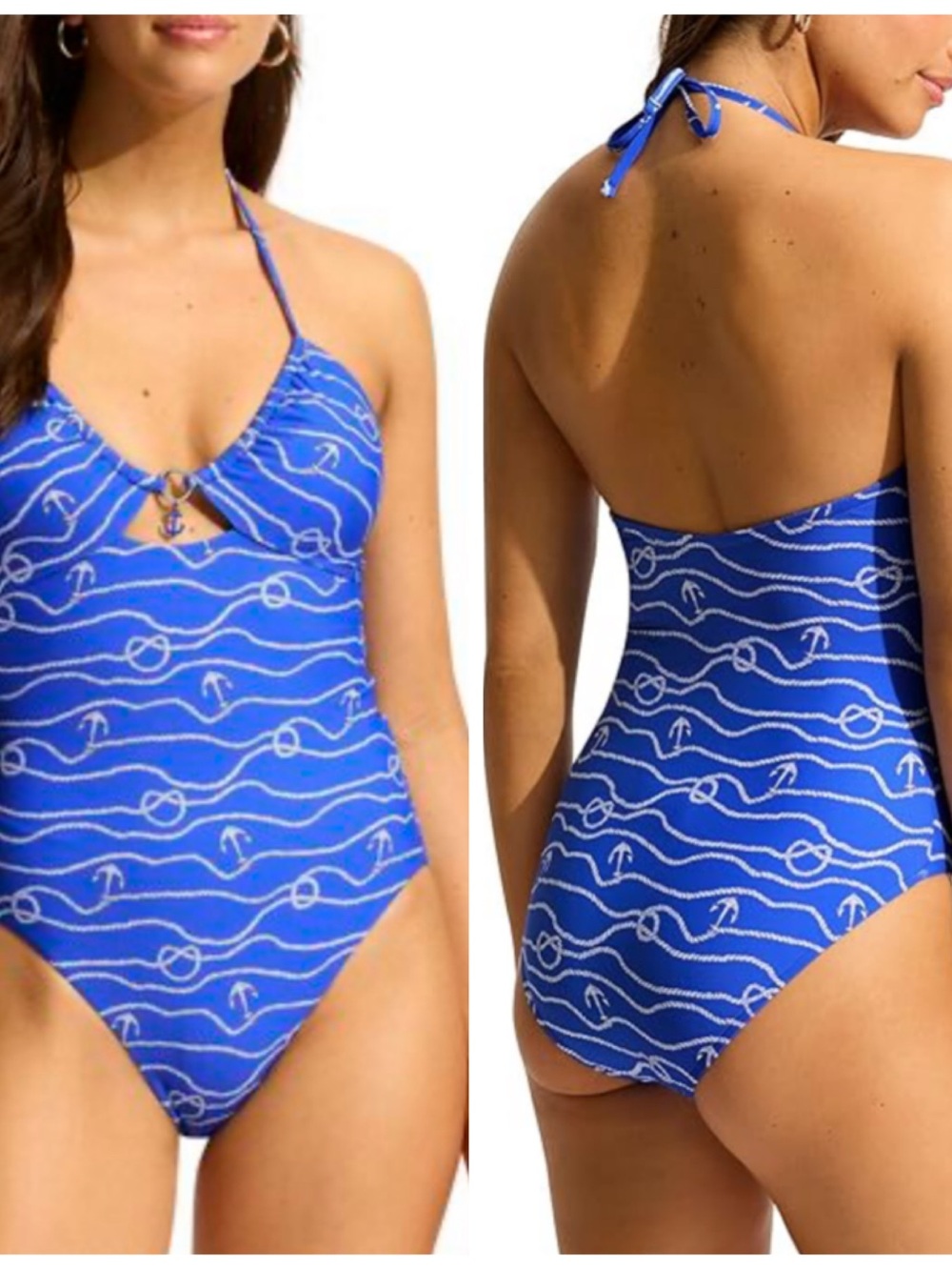 NEW Seafolly Drawstring Halter One Piece Swimsuit Blue White 6 NWT